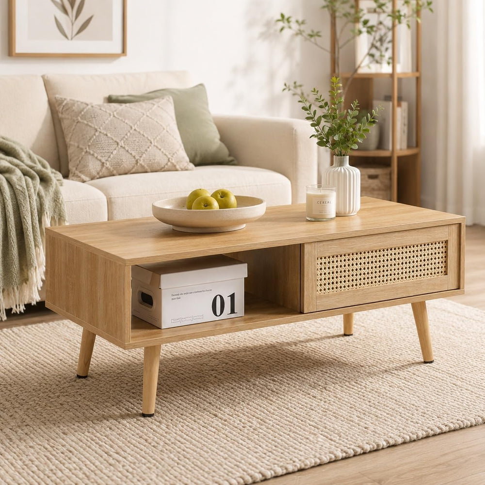 Rattan Coffee Table with Sliding Storage Door, 41.34'' Rectangular Wo...
