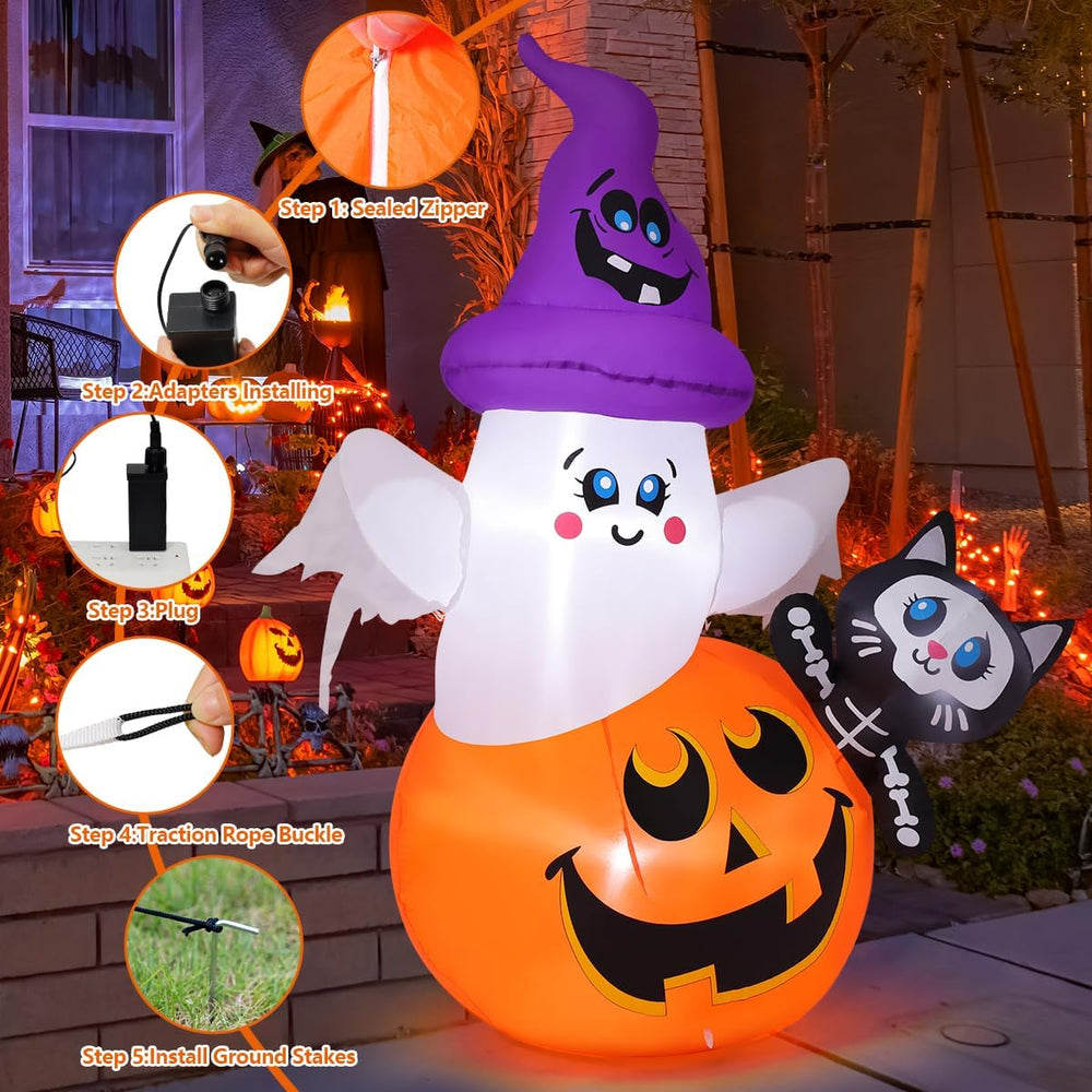 COMIN 5 FT Halloween Inflatables Pumpkin Ghost Cat Outdoor Decorations Blow U...