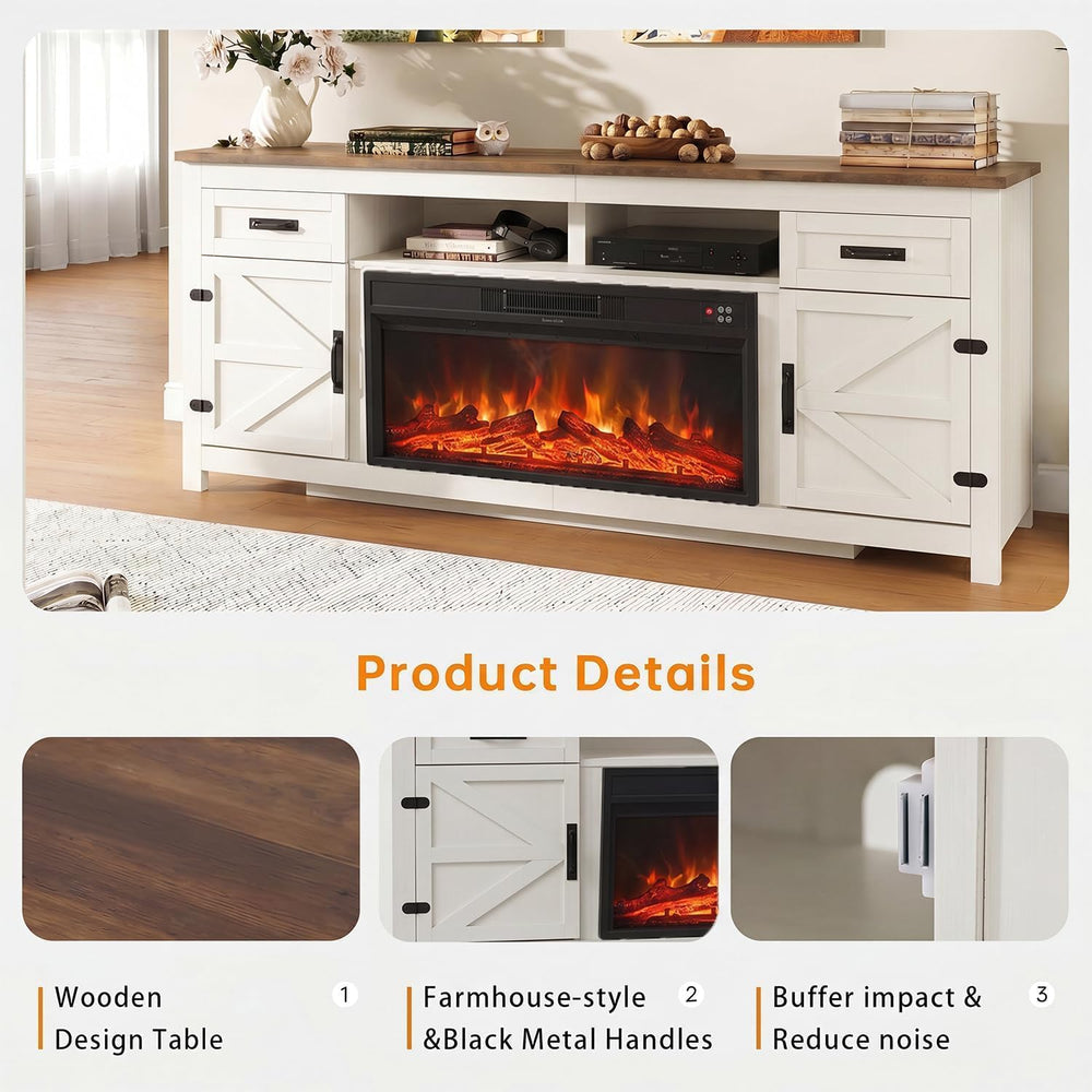 Fireplace TV Stand with Barn Door, 80 inch,Modern White