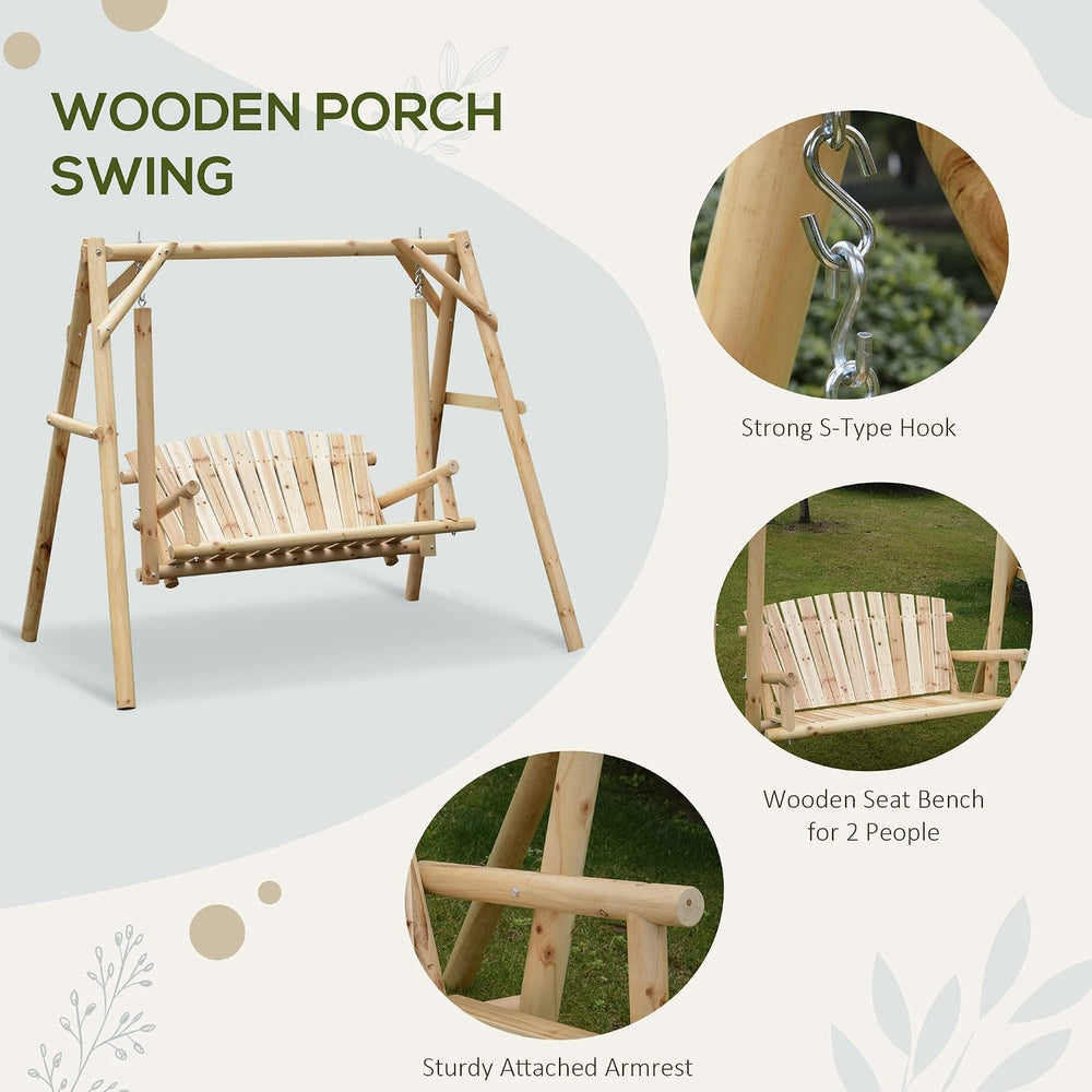 Outsunny 2-Seat Porch Swing w/Stand Wooden Patio Swing Chair Bench Natural