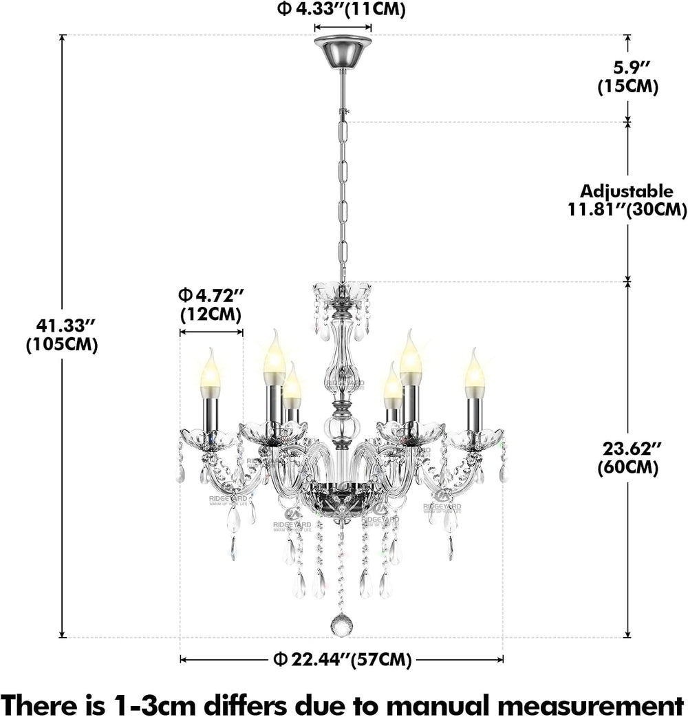 Ridgeyard 6-Lights Crystal Chandelier Modern Candle Chandeliers Living Room L...
