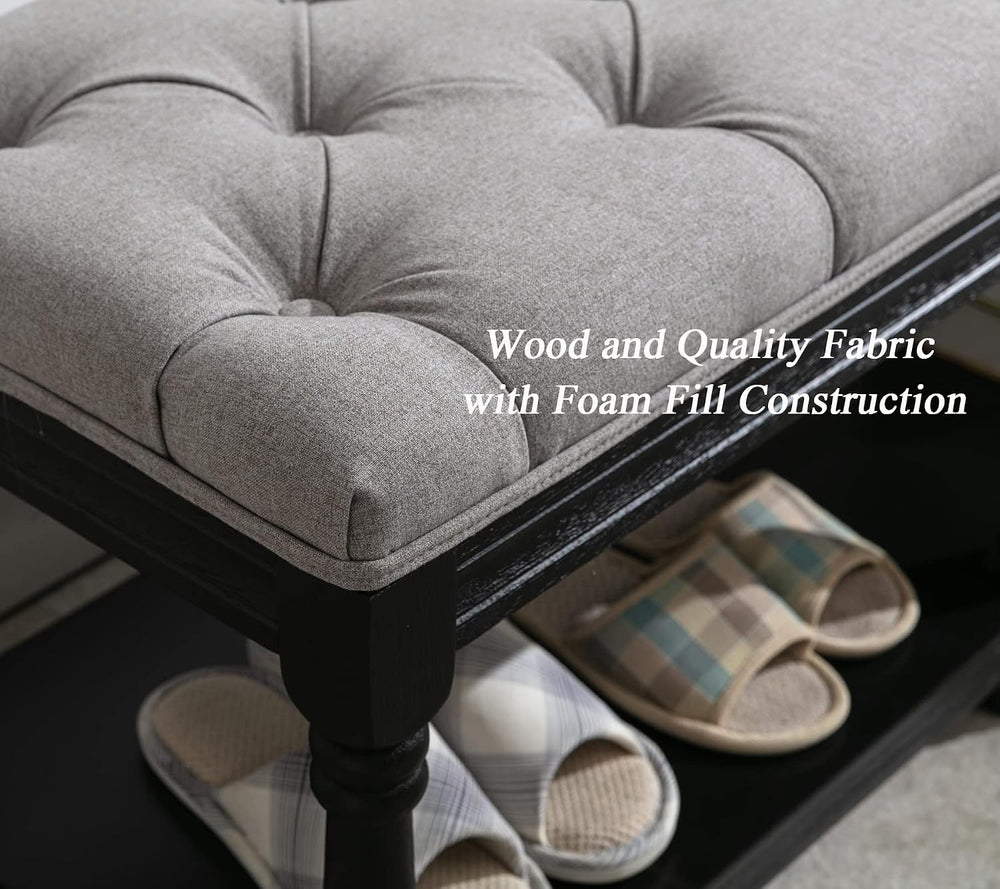 DUOMAY Mid-Century Tufted Storage Bench with Shelf, Linen Upholstered Farmhou...
