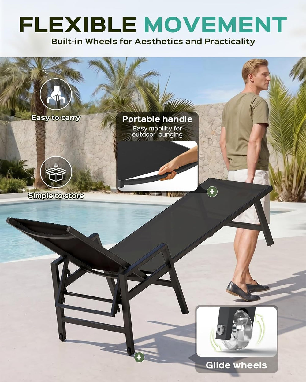 Vexwalx Patio Chaise Lounge Chair Outdoor with Wheels&Armrests, Aluminum ...