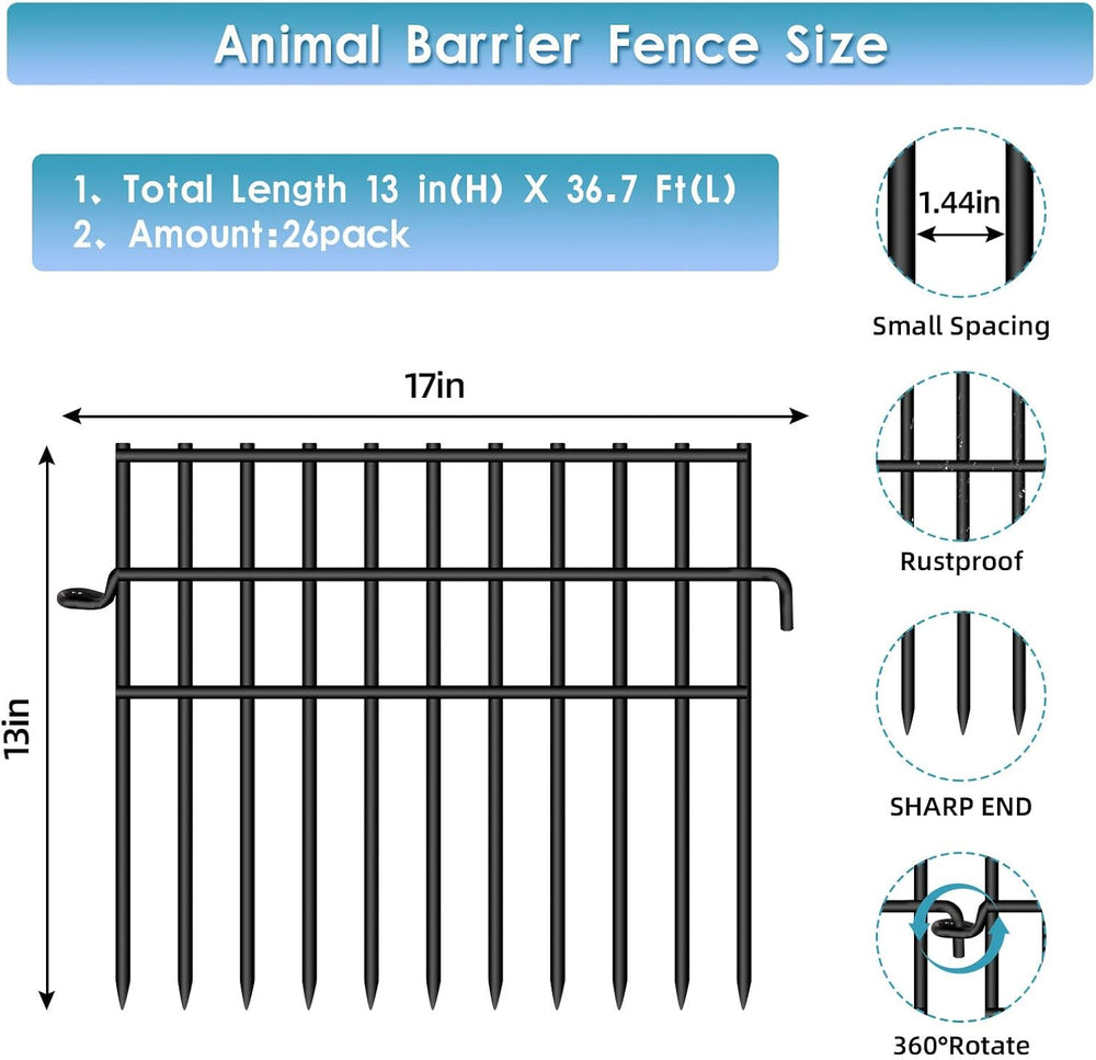 37ft (L) X 13in (H) Garden Animal Barrier Fence, 26 Pack No Dig Dog Fence Bor...