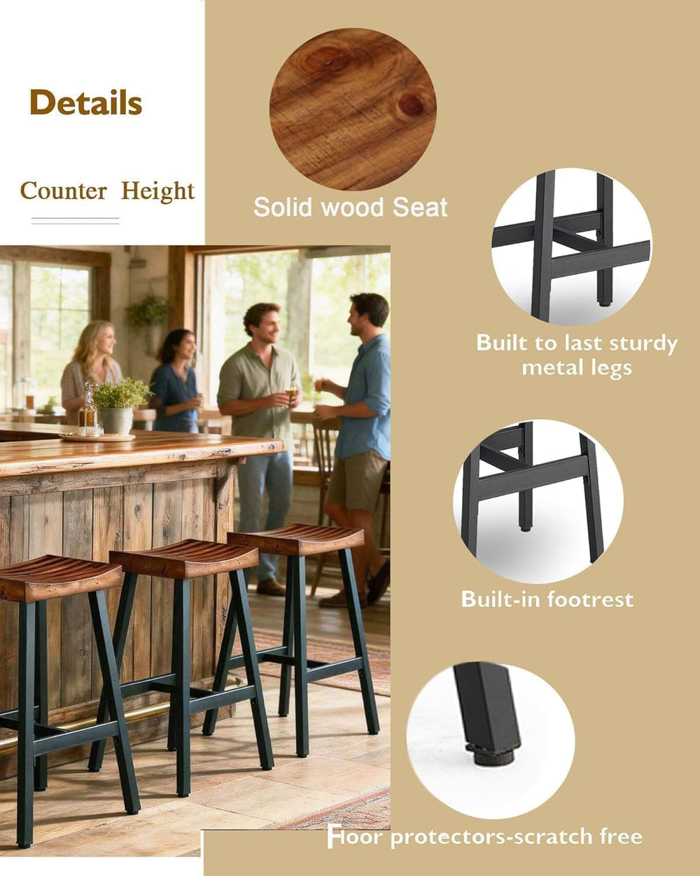 OUllUO Bar Stools Set of 3, Backless Saddle Barstools, 25" Counter Heigh...