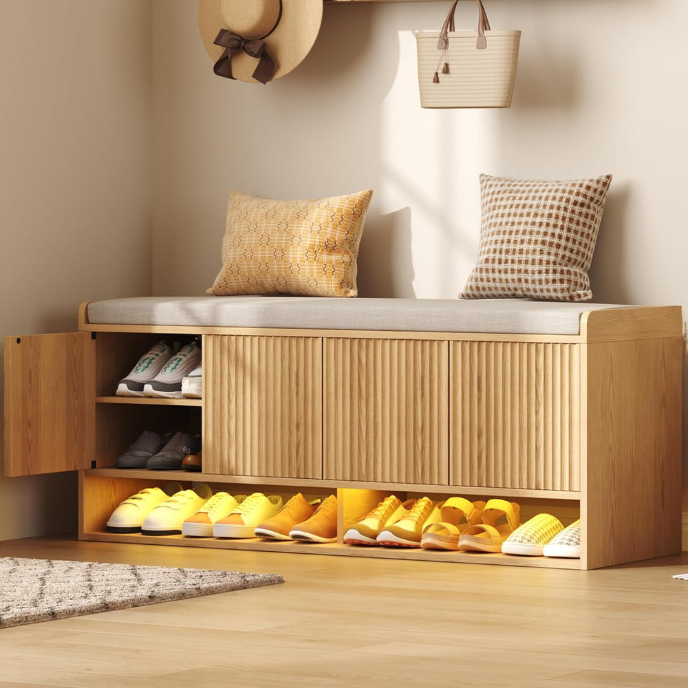 HOMEFORT 47.2" Fluted Shoe Storage Bench, Entryway Bench with Linen Seat...