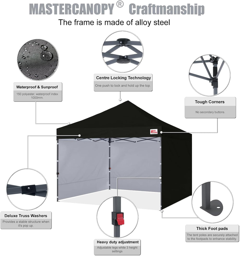 MASTERCANOPY 8x8 Heavy Duty Pop up Canopy Tent with Sidewalls, Black
