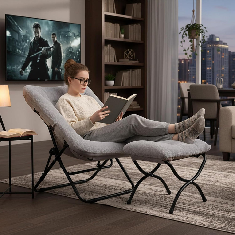 Tiita Folding Saucer Chair with Ottoman for Adults, Comfy Moon Chair, Grey