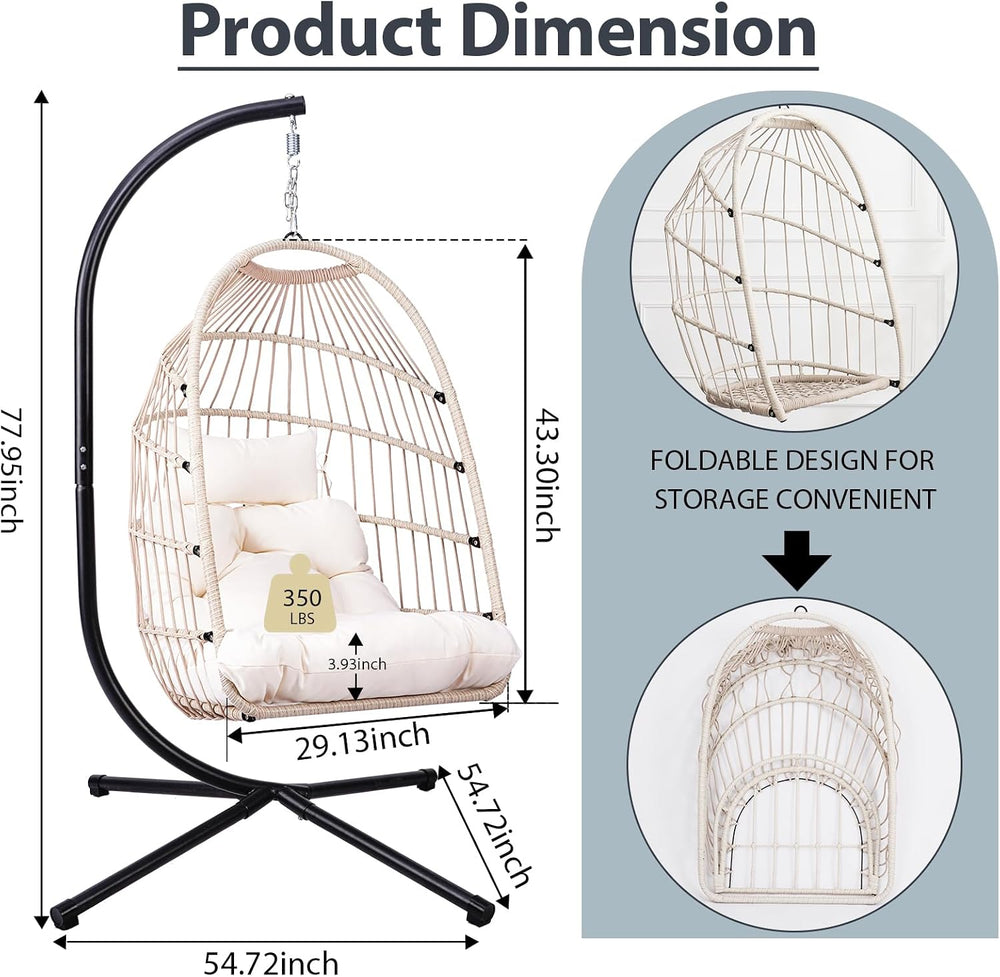 Foldable Hanging Egg Chair with Stand, HDPE Rattan and Heavy Duty Aluminum-St...
