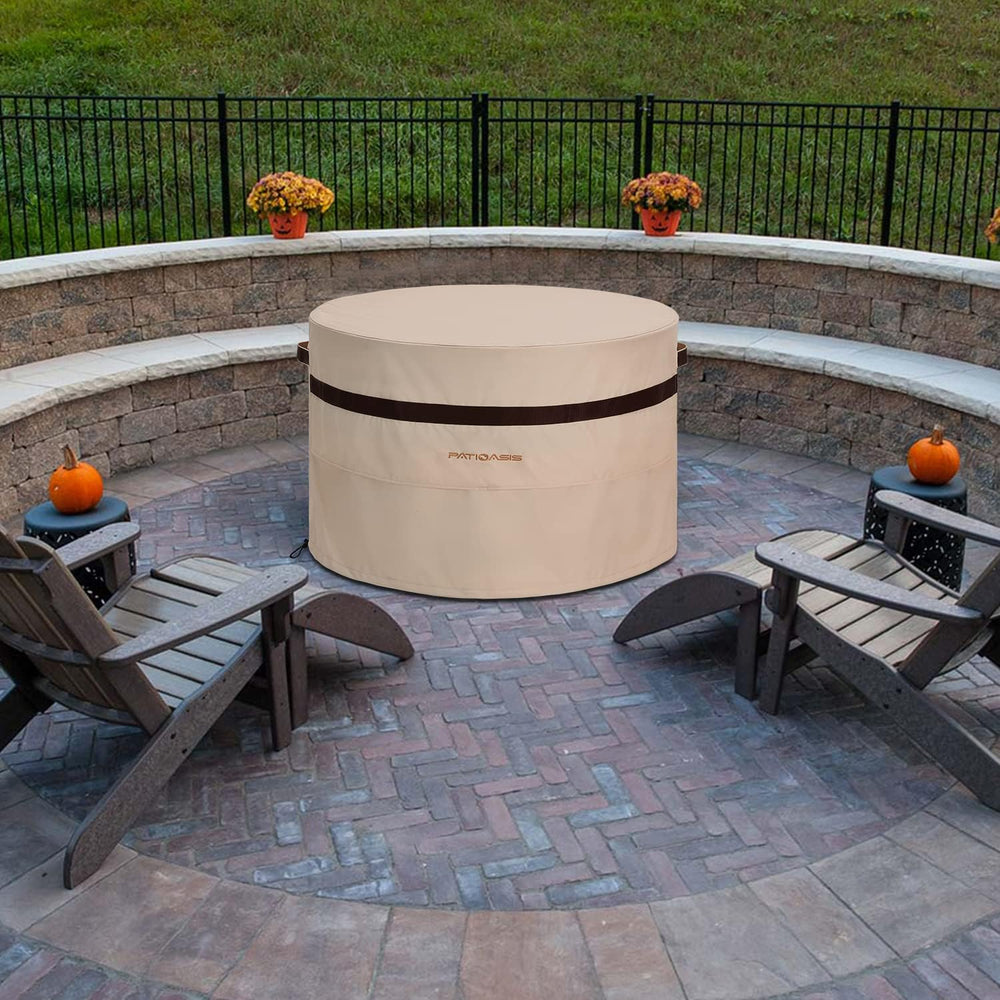 50 Inch Round Fire Pit Cover Beige, Heavy Duty Weatherproof with Air Vent, Ou...