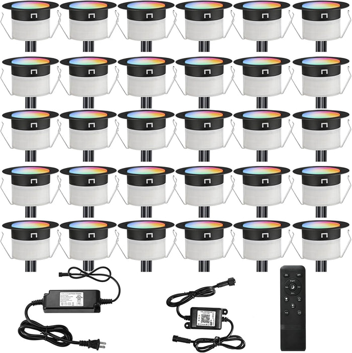 FVTLED LED Deck Lights Kit, 30pcs Φ1.22 WiFi Smart Phone Control Low Voltage Recessed RGBW Deck Lighting Waterproof Outdoor Yard Path Stair Decor, Black