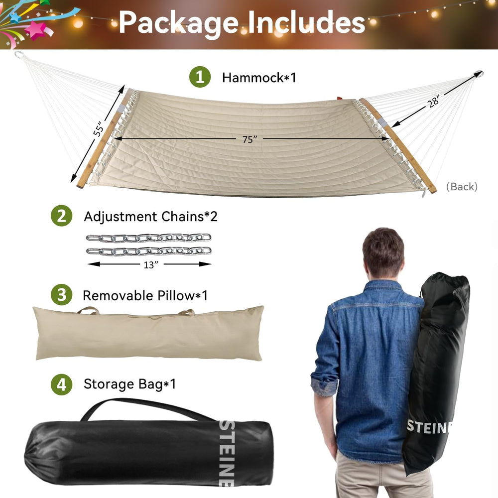 Double Hammock, 11 FT Quilted Fabric 2 Person Hammock for Outside with Pillow...