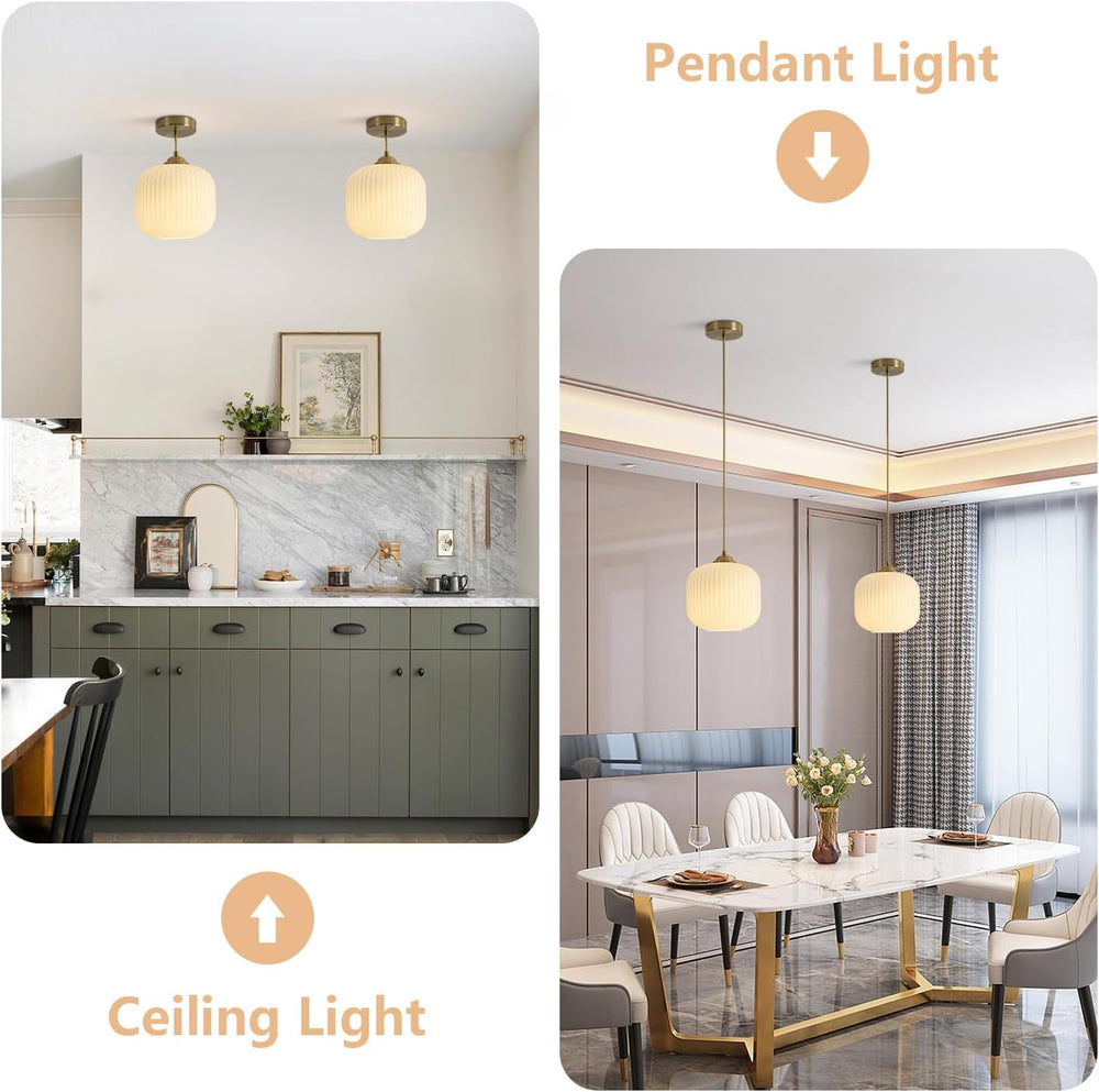 KCO Lighting 2 Pack Brushed Brass 7.9” White Ribbed Glass Pendant Lights