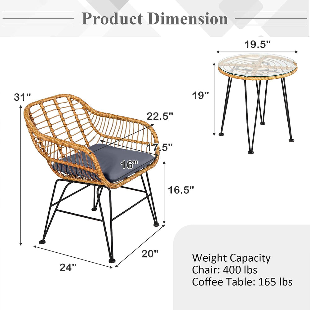 Tangkula 3 Pieces Patio Bistro Set, Rattan Conversation Set with 2 Cushioned ...