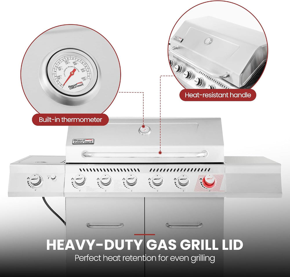 Royal Gourmet GA6402S 6-Burner Propane Gas Grill with Side Burner, Silver