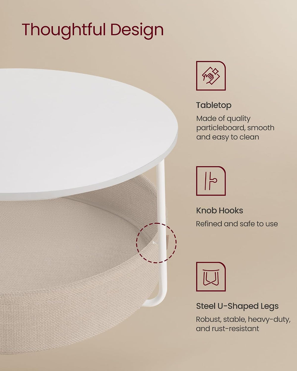 VASAGLE Round Coffee Table with Storage, Fabric Basket, Metal Frame