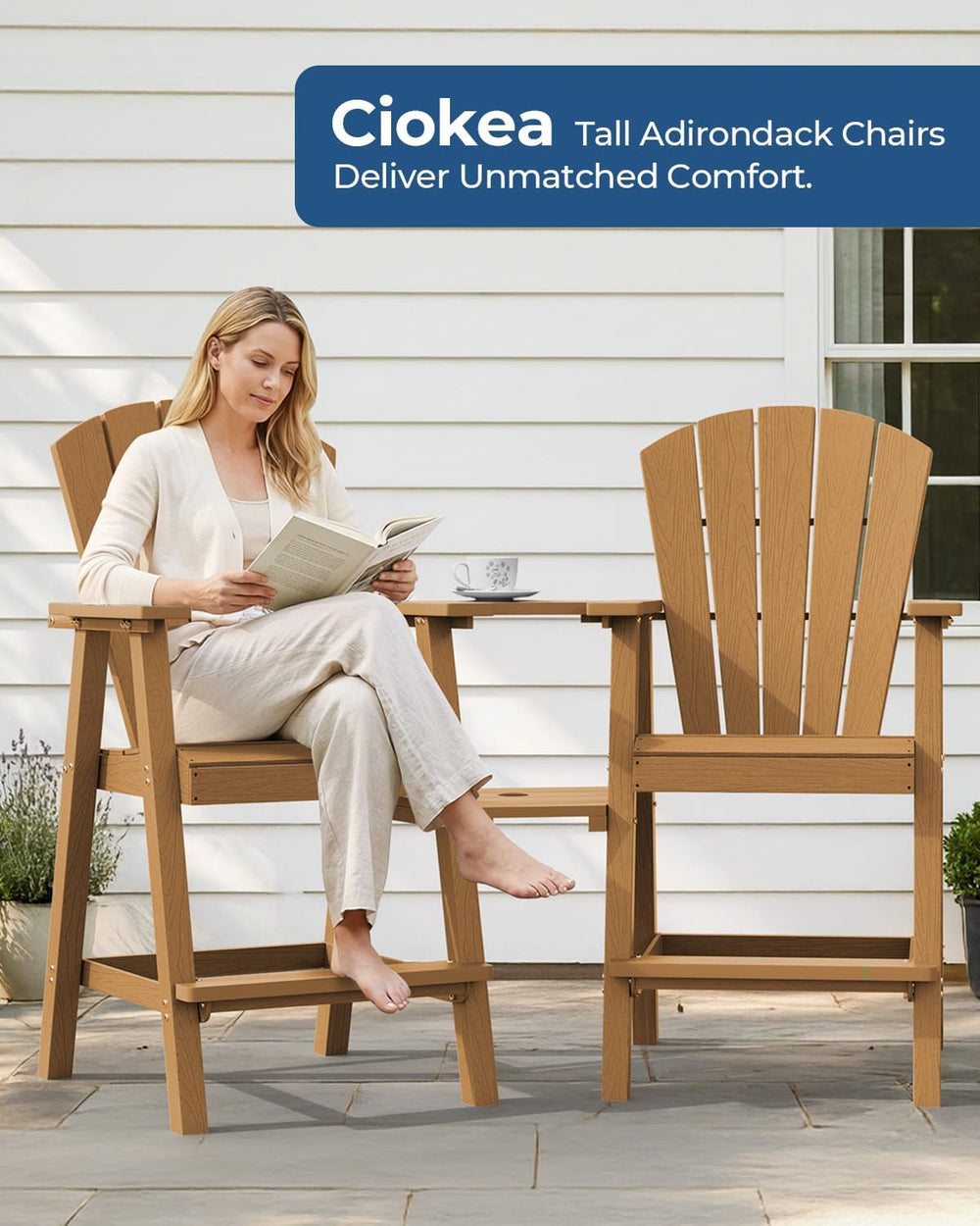 Ciokea Tall Adirondack Chairs Set of 2 with Connecting Trays, Teak