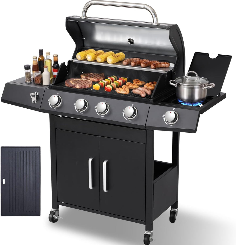 4-Burner Propane BBQ Gas Grill with Side Burner, Black