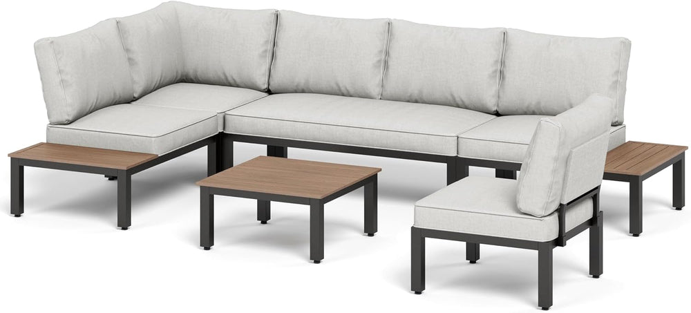 PHI VILLA 6-Seat Metal Patio Sofa Sectional Set with Gray Cushions