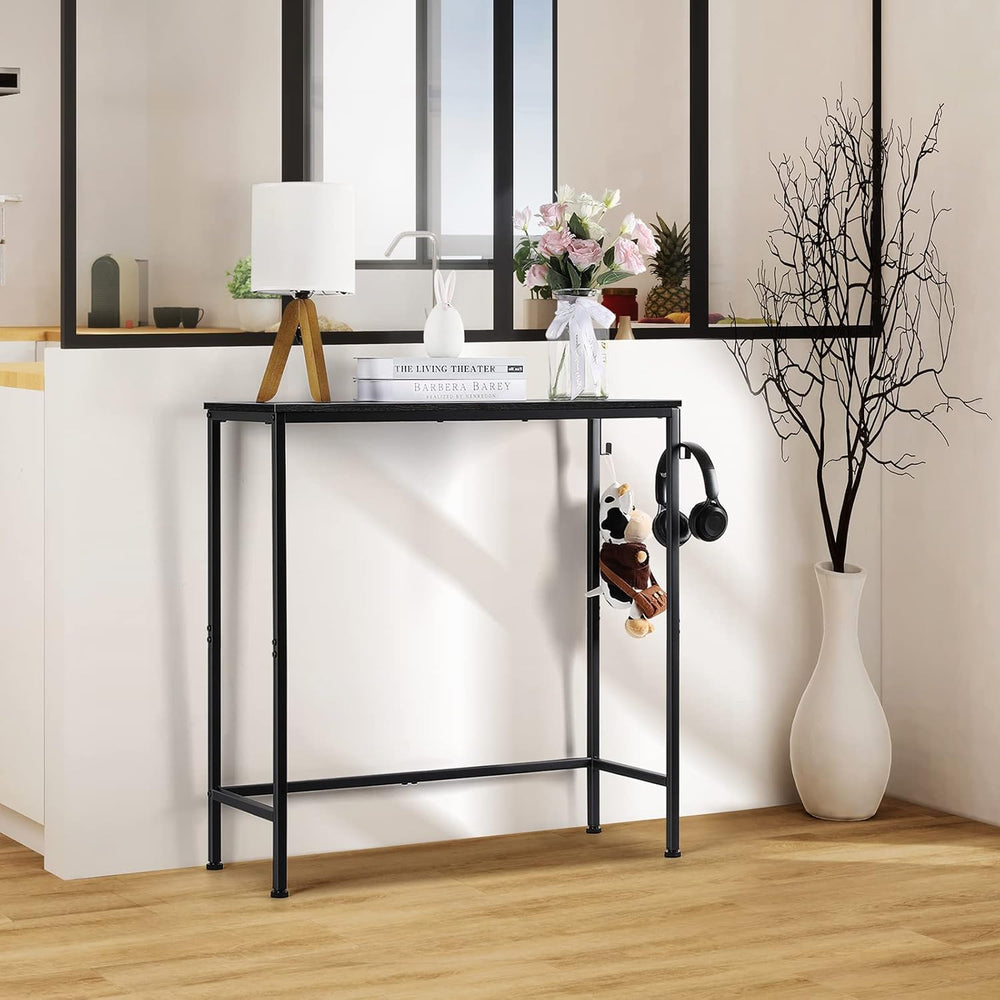 Black Modern Narrow Entryway Table - Skinny Sofa Table with Hooks for Living ...