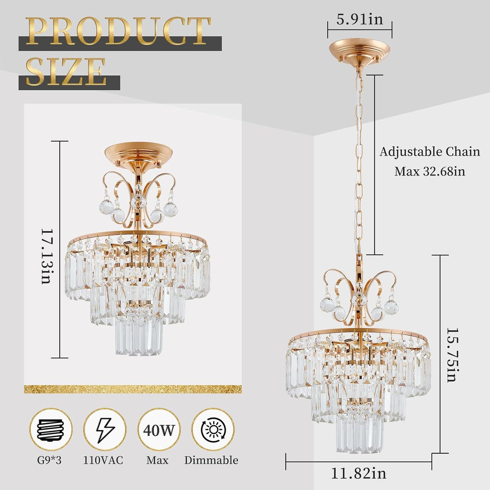 3-Light Gold Crystal Chandelier,Modern 3 Tier Semi Flush Mount Chandelier wit...