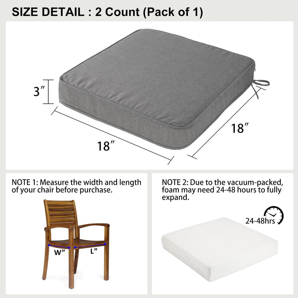 18x18x3 Inch Outdoor Square Corner Chair Cushions with Ties Set of 2, Water&a...