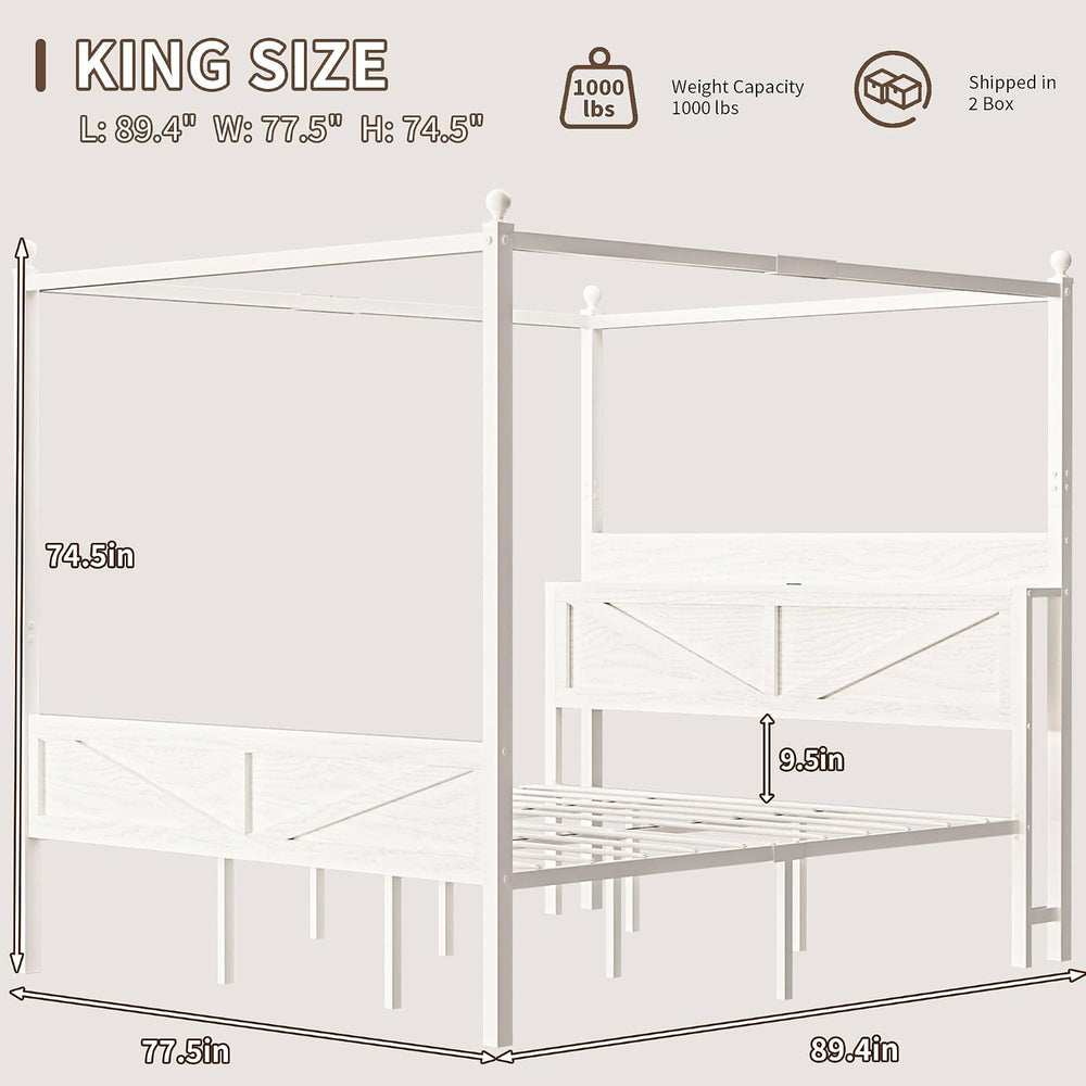 Canopy Bed Frame King Size with Barn Storage Headboard, Beige