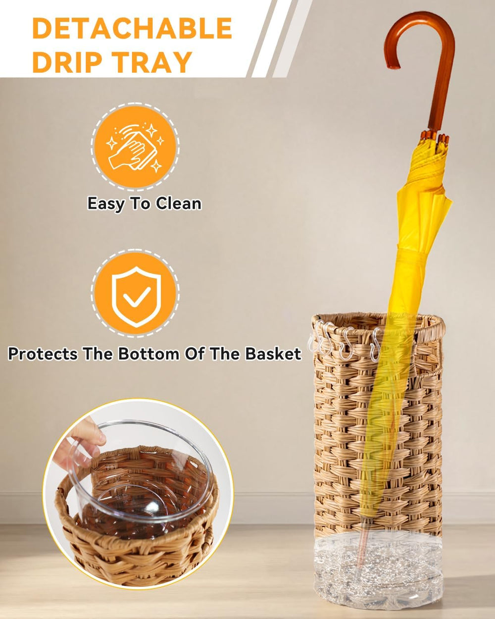 Rattan Umbrella Stand for Entryway,Hand-Woven Umbrella Holder Indoor with Doo...