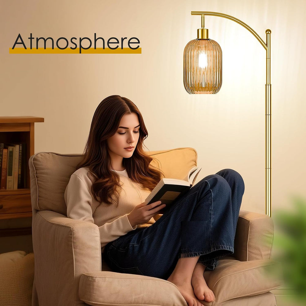 gernehop Glass Floor Lamp for Living Room, Modern Gold Standing Lamp with Rib...