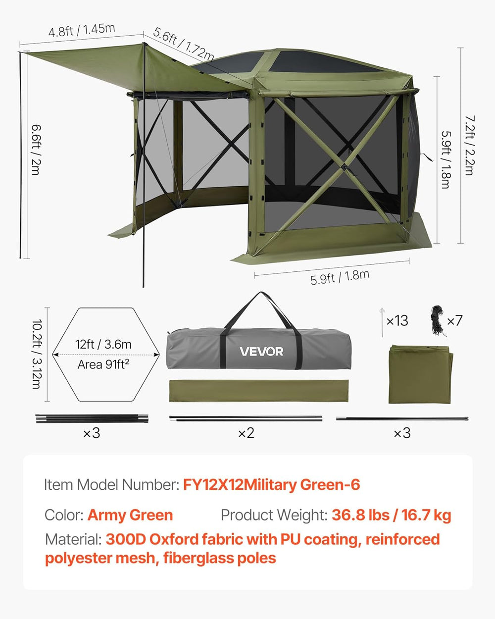 VEVOR Pop up Gazebo Screen Tent, 12 x 12 ft Large 6-Sided Camping Canopy Tent...
