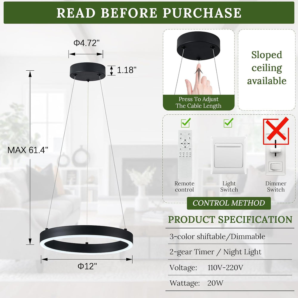 12in LED Ring Chandelier Black Modern Dimmable Pendant Light
