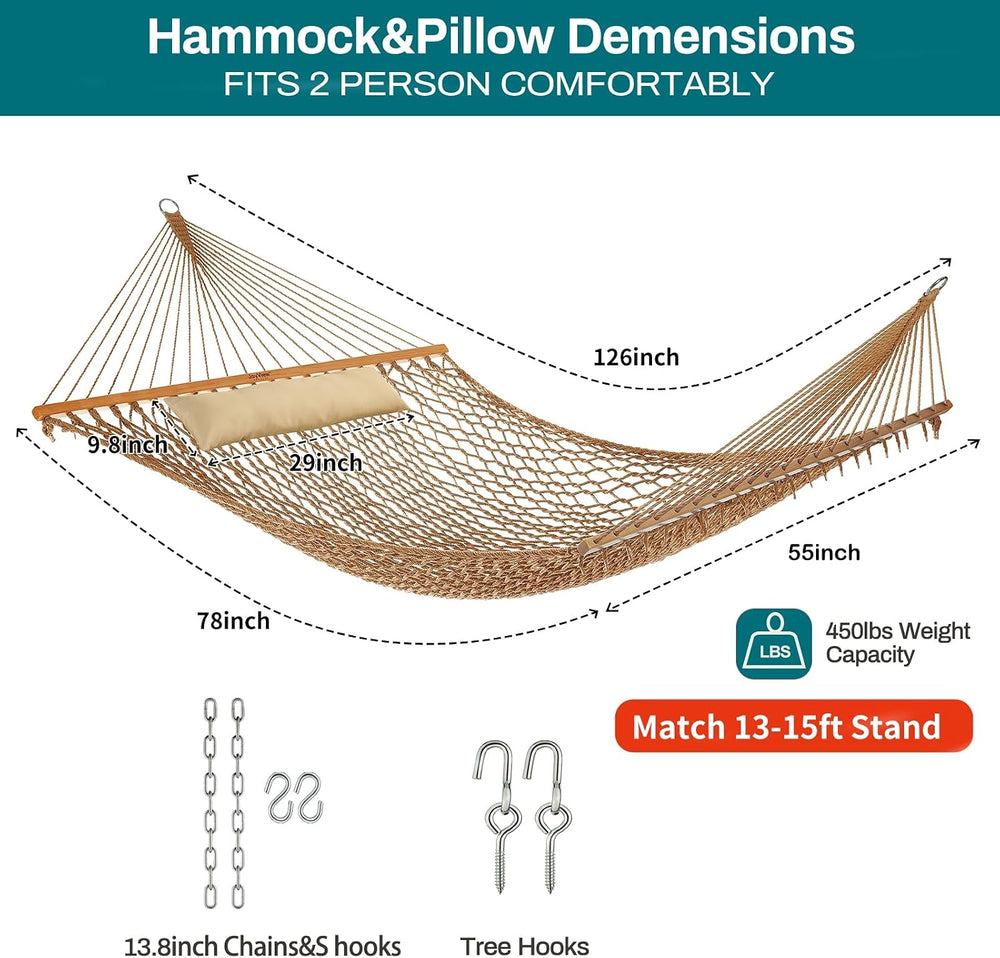 JoyView Outdoor Double Rope Hammock with Hardwood Spreader Bars and Pillow
