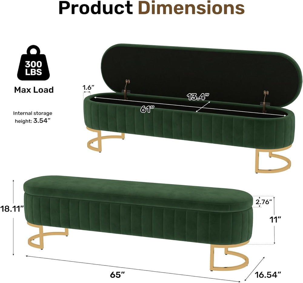65" Velvet Storage Ottoman Bench End of Bed for Bedroom Entryway Green