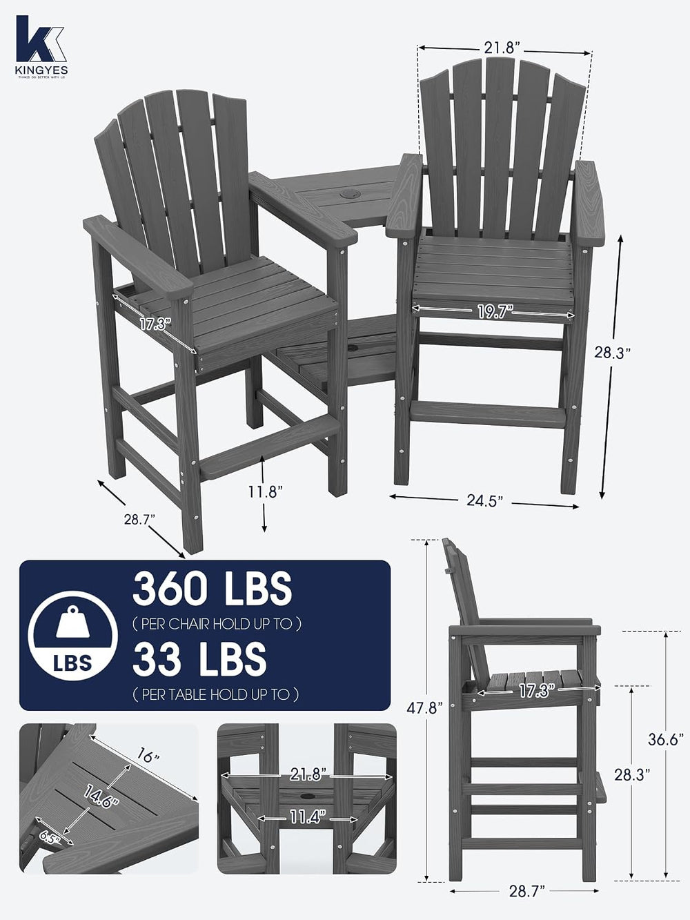 KINGYES Tall Adirondack Chair Set of 2 with Double Connecting Trays, Gray