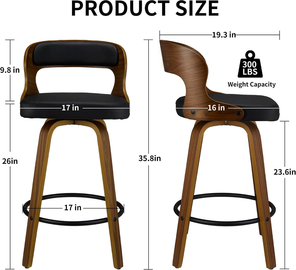 VipDesk 26 Inch Swivel Bar Stools, Faux Leather Mid Century Counter Height Ba...