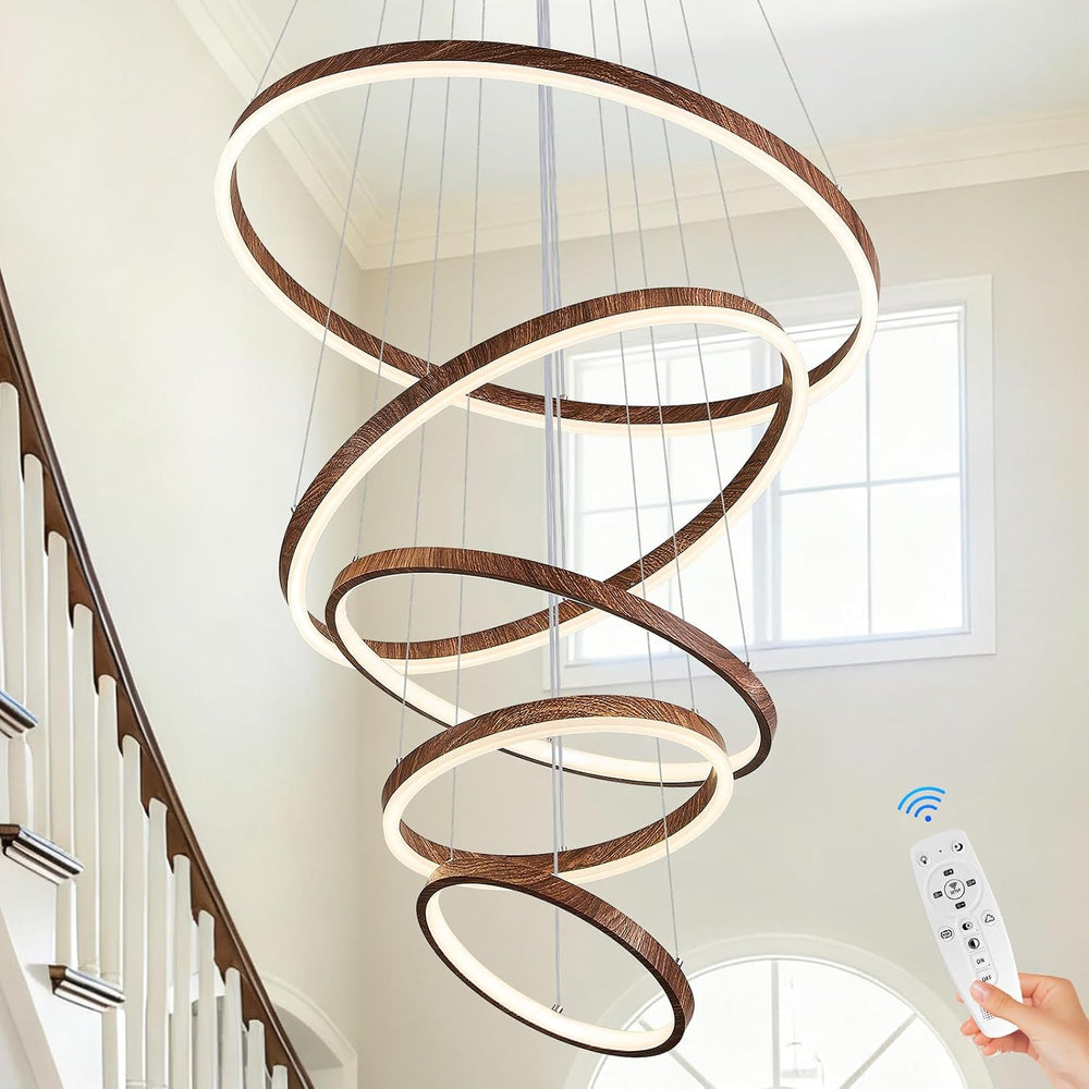 GlowHub Modern LED Chandelier 5 Rings Farmhouse Wood Grain Finish Round Chand...