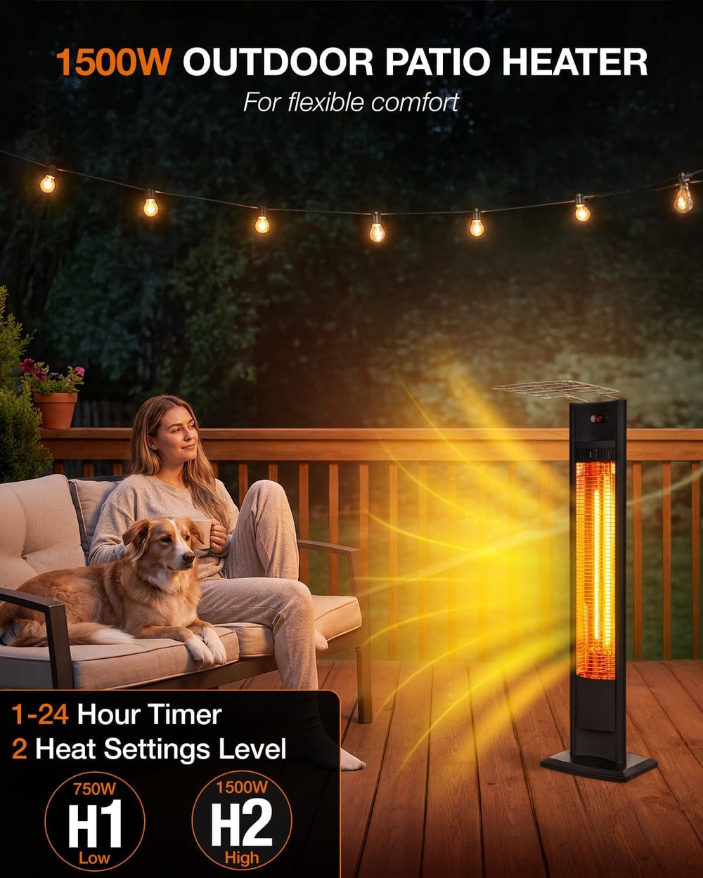 hykolity Electric Patio Heater 38.5in, 1500W Infrared Indoor & Outdoor, P...