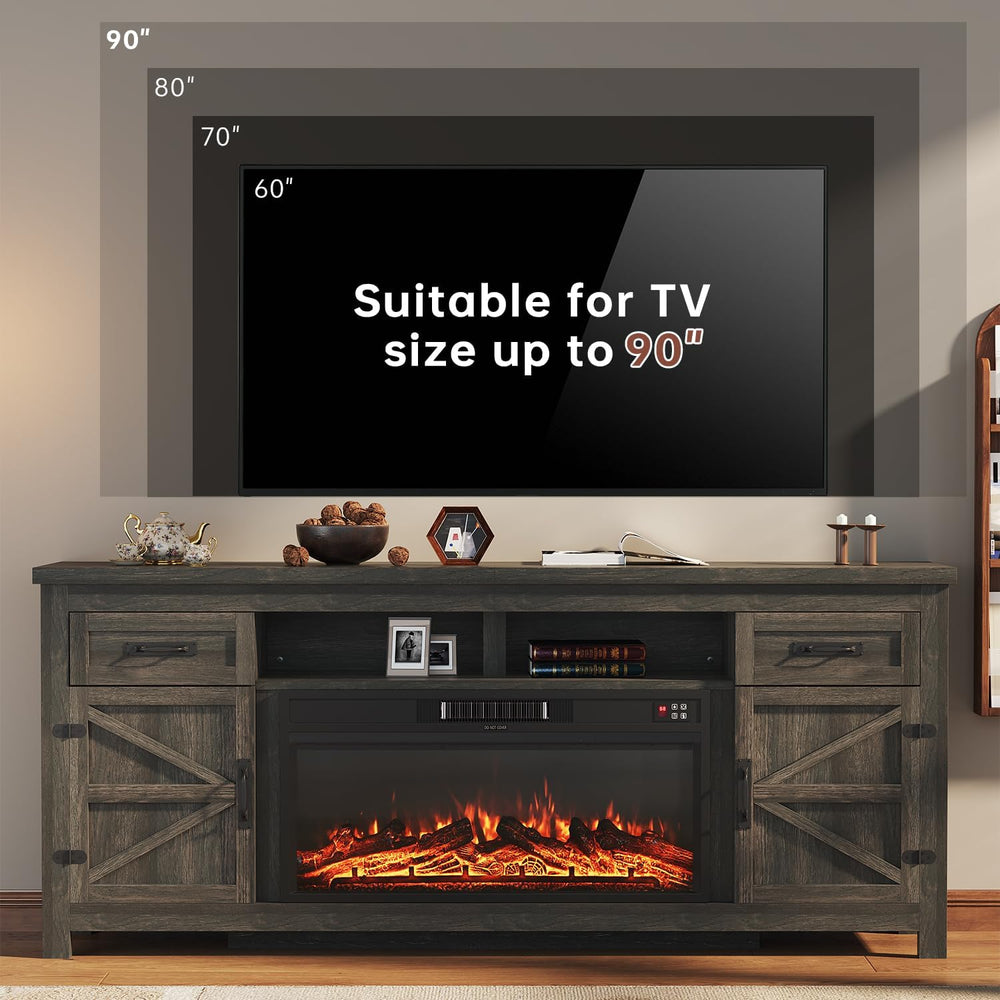 Fireplace TV Stand with Barn Door, 80 inch, Grey