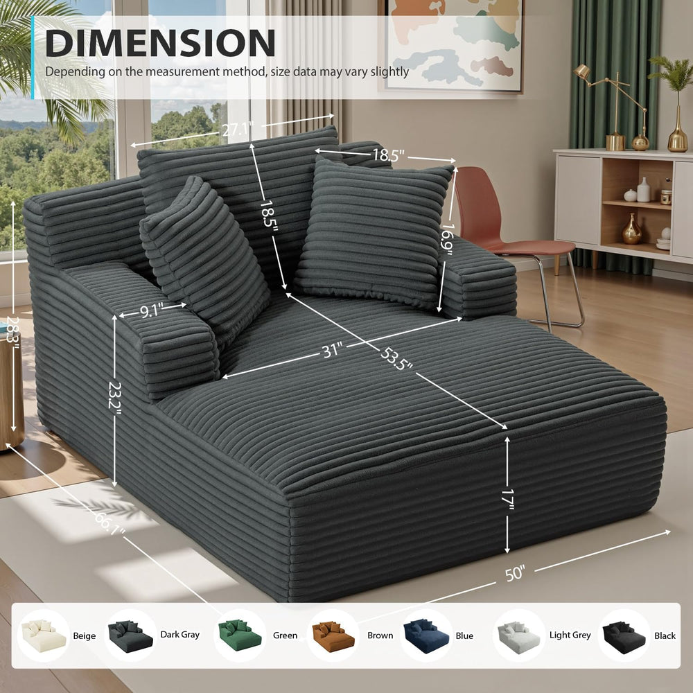 50 Inch Chaise Lounge Chair Indoor, Oversized Corduroy Upholstered Boneless S...