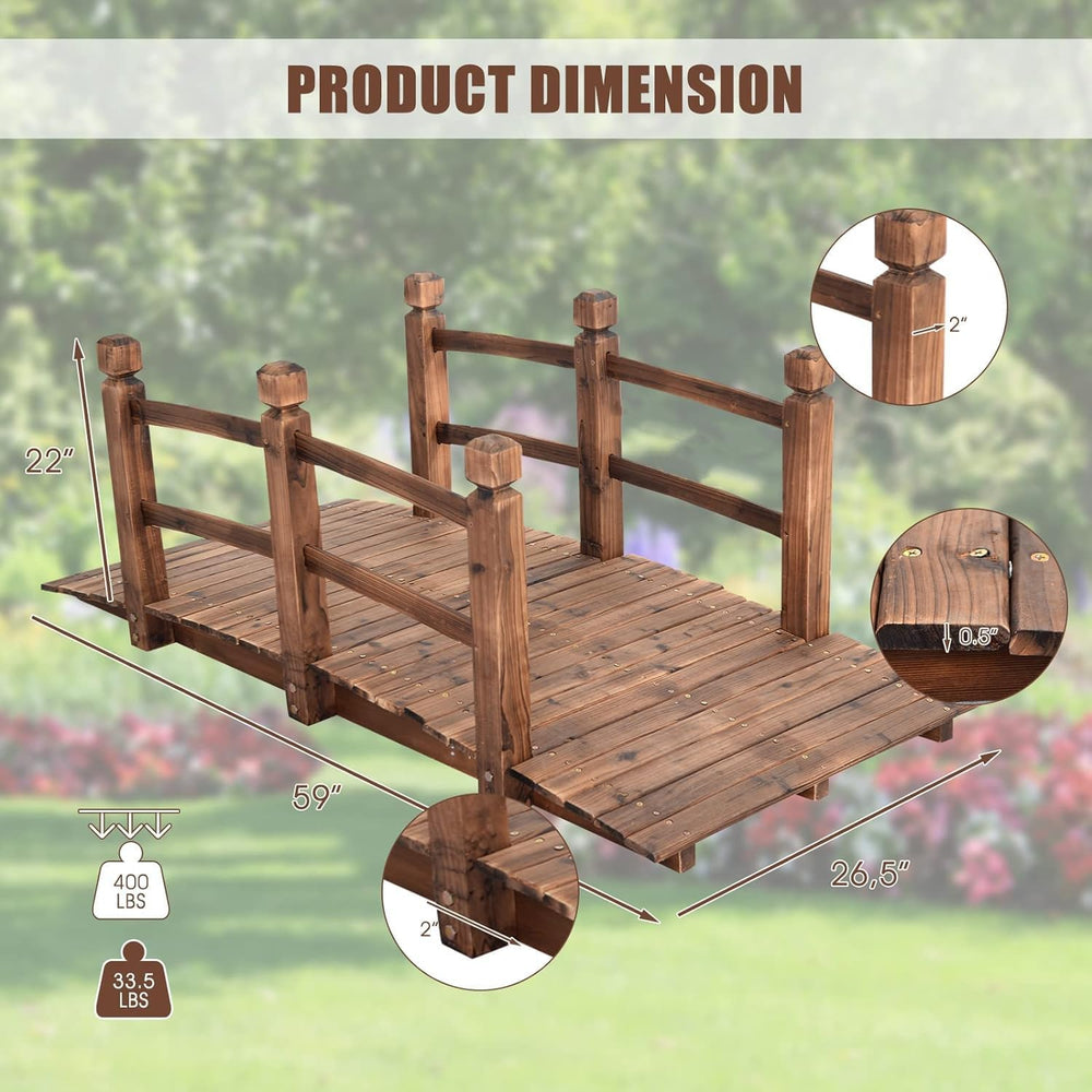 Giantex 5 FT Wooden Garden Bridge, Stained Wood Arc Footbridge with Railings,...