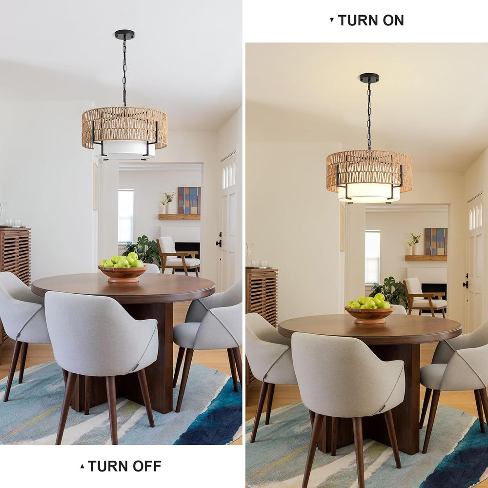 4-Light Boho Chandelier for Dining Room, 19.7" Rattan Pendant Light