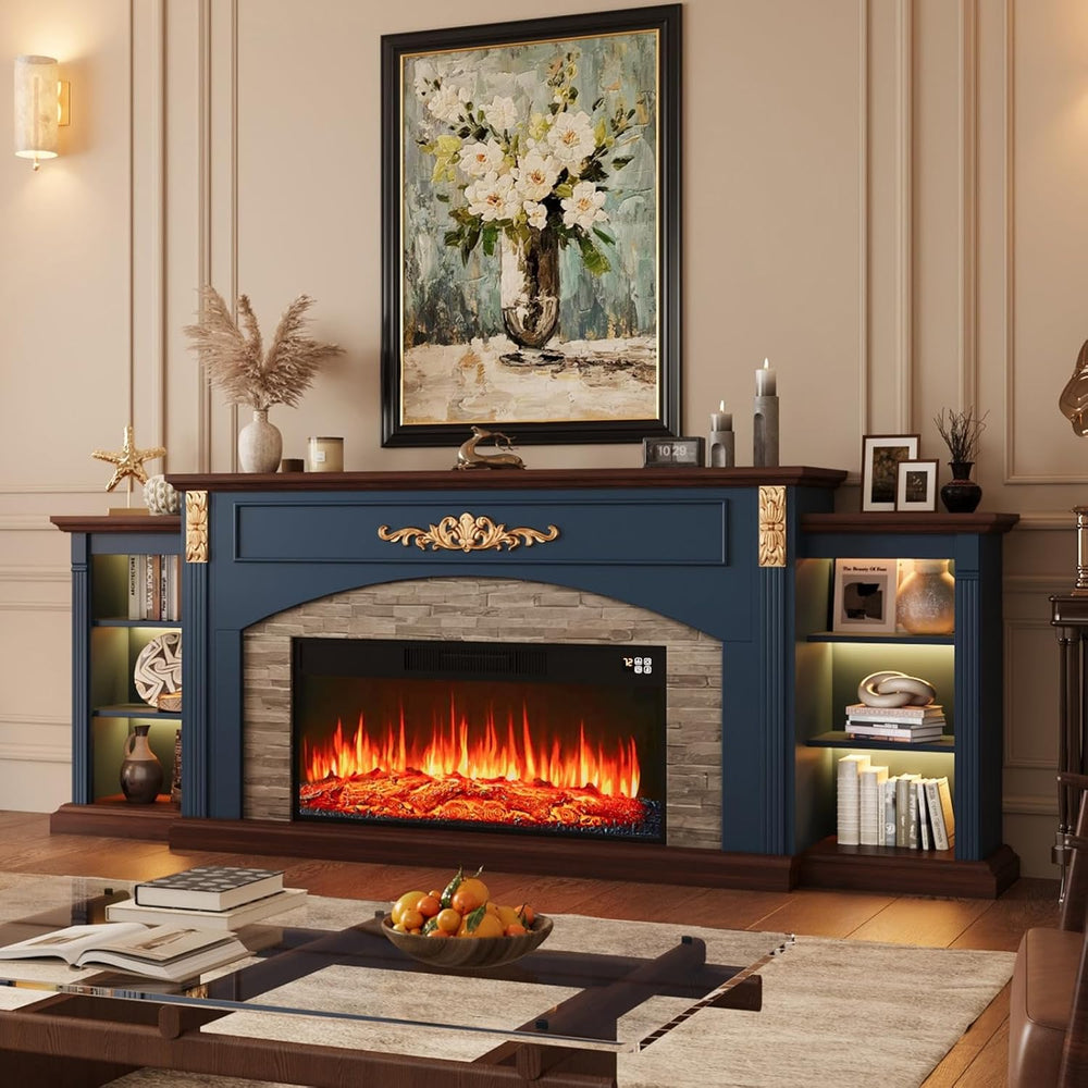 90inch Fireplace TV Stand, Fireplace with Mantel Holds TVs up to 100 Inch, Bl...
