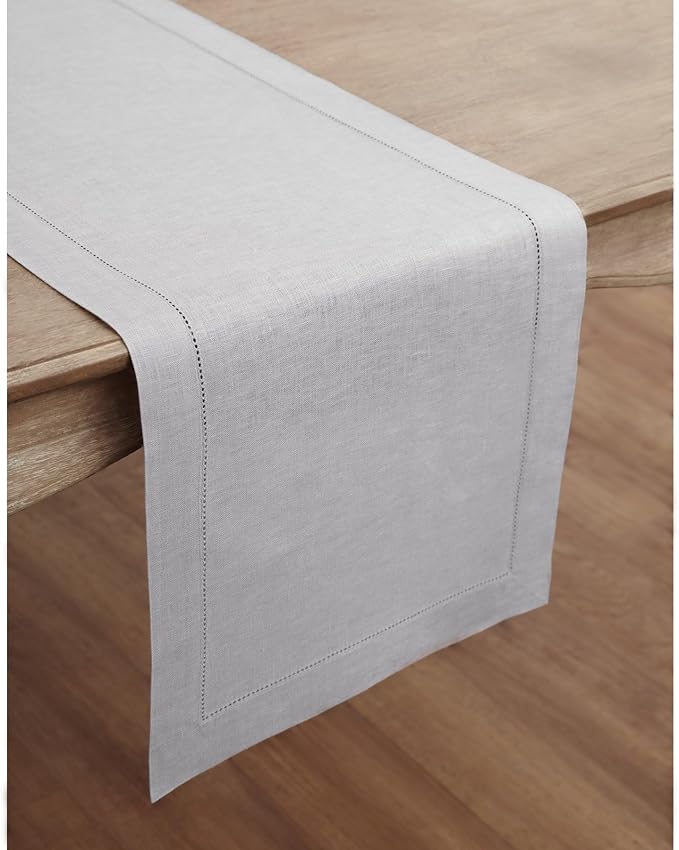 Solino Home Linen Soft Grey Table Runner 48 Inches - Classic Hemstitch, 100% ...