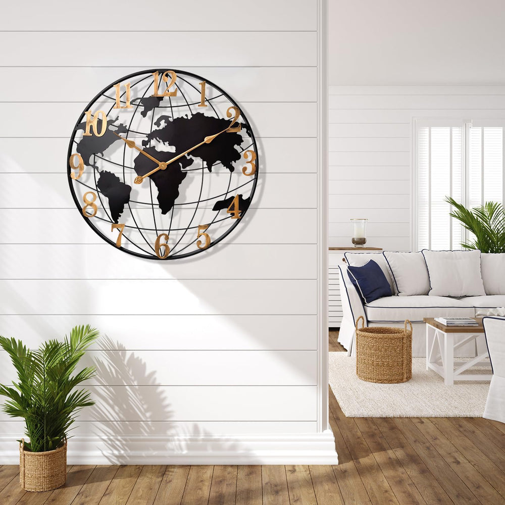 Large World Map Wall Clock Metal Minimalist Modern Round Silent Wall Decor