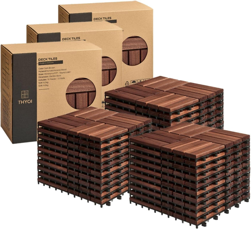 THYOI Acacia Wood Interlocking Deck Tiles (12" x 12"), Deck Floorin...