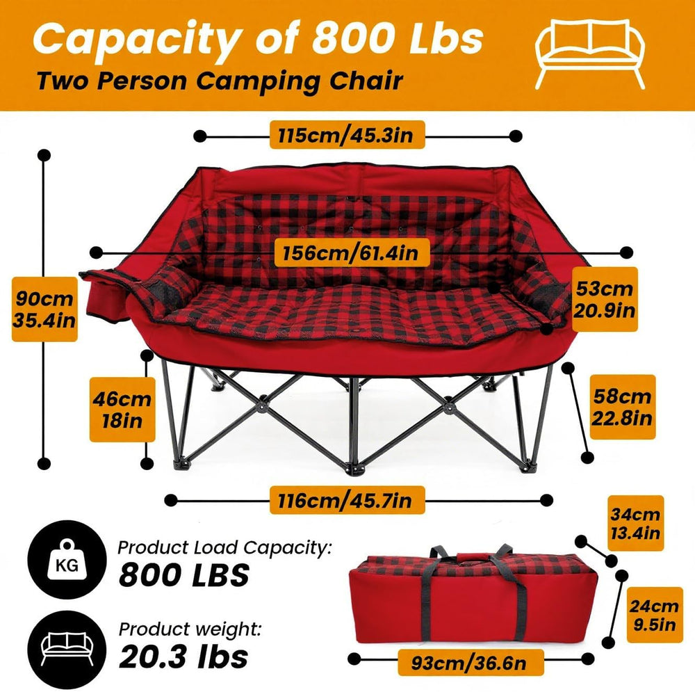 Heated Double Camping Chair with 2 Battery, Padded Camping Couch with 3 Heat ...