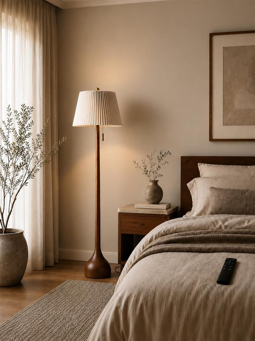 MOFFE Mid Century Modern Real Wood Floor Lamp with Remote, 2 Shades