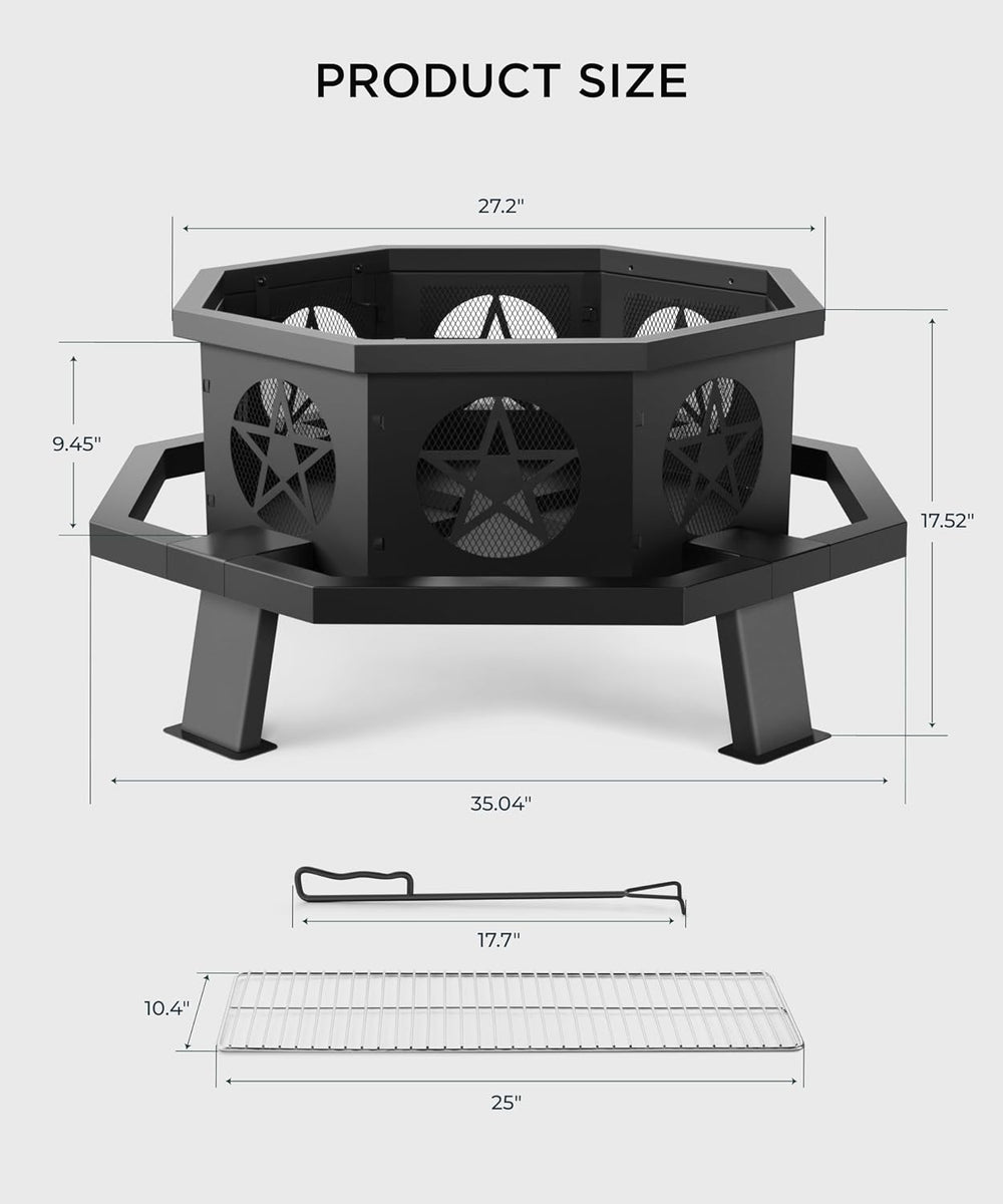 SUNOUTLY 35 inch Fire Pit, Outdoor Fire Pit Wood Burning Fire Pits with Cooki...