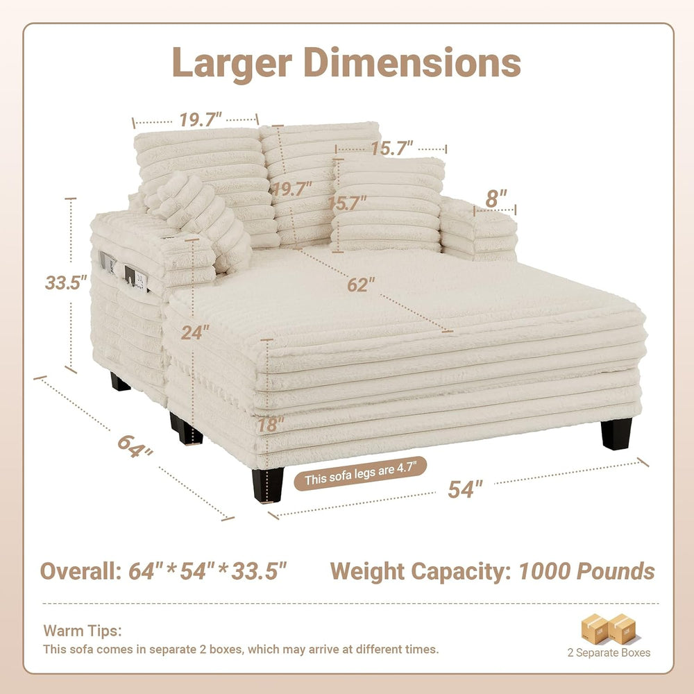 Amsleekey 64" Oversized Chaise Lounge Chair with Wood Frame, 2 Cup Holders