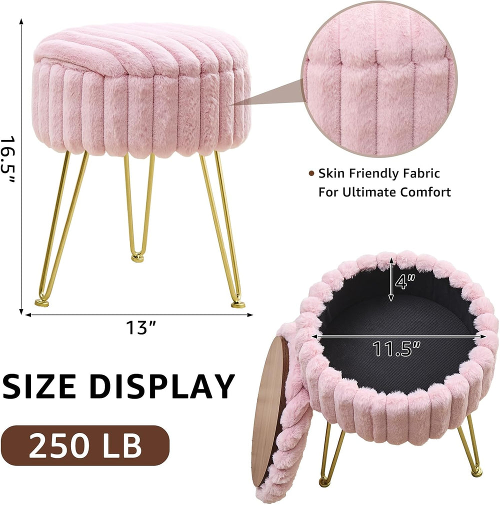 Wimarsbon Vanity Stool with Storage, Faux Fur Ottoman Chair with Metal Legs, ...